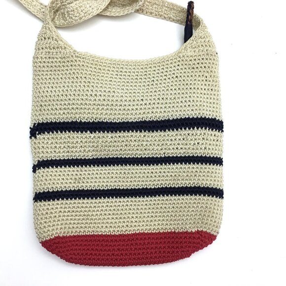 The Sak Ivory Crochet Crossbody Bag Blue Stripes Red Flowers Boho Hippie Purse - Picture 2 of 12